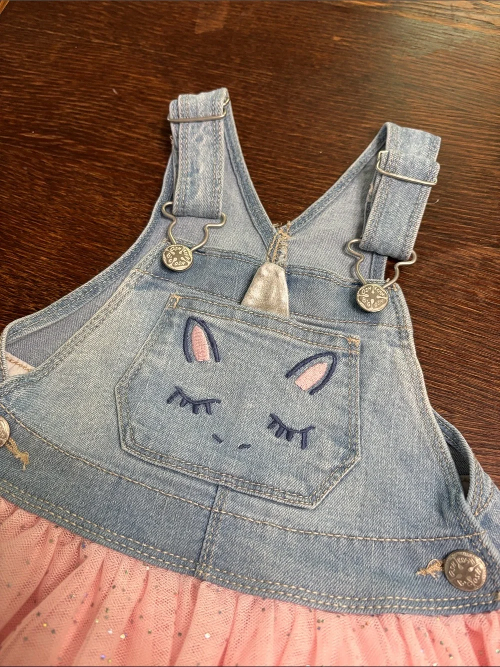 OshKosh B'gosh Denim Unicorn Overall Dress with Pink Tulle Skirt Girl’s Size 2T